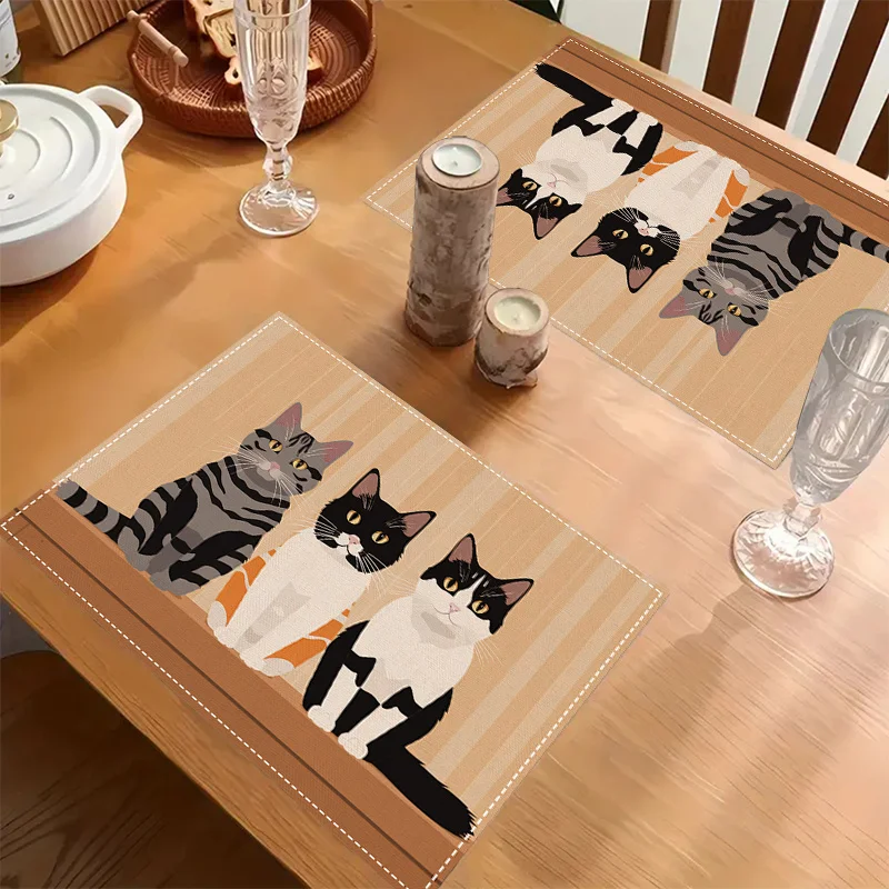 VIKAMA Cartoon Cat Placemat Striped Background Linen Table Mat Cute Animal Heat Resistant Family Dining Table Decor