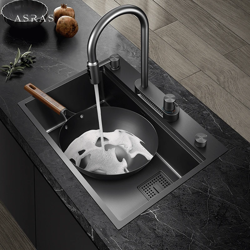 ASRAS New Flying Rain Waterfall Faucet Kitchen Sinks Nanometer 304 Stainless Steel 4mm Panel Handmade Kitchen Island Sinks
