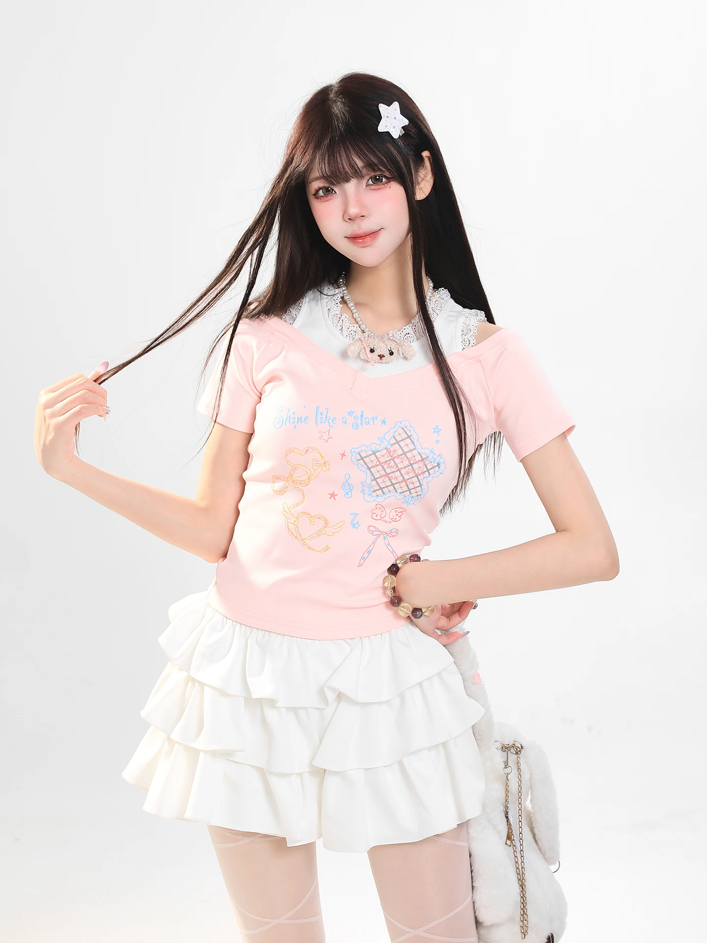 Sweet  Print Lace Splice Short Sleeve T-Shirt Women's Summer Slimming Beautiful Age-Defying Shoulder Bared Short Top
