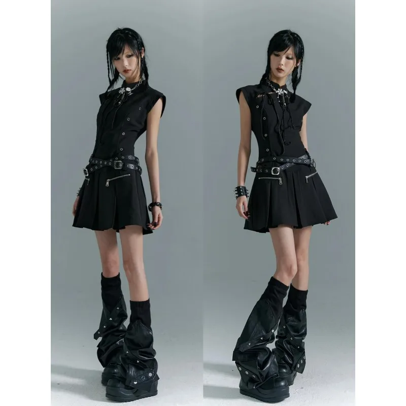 

Black Rock Punk Dress Women Summer Retro Hollow Stand Collar Sleeveless Cargo Dress Slim Stylish with Rivet Belt A-line Dress