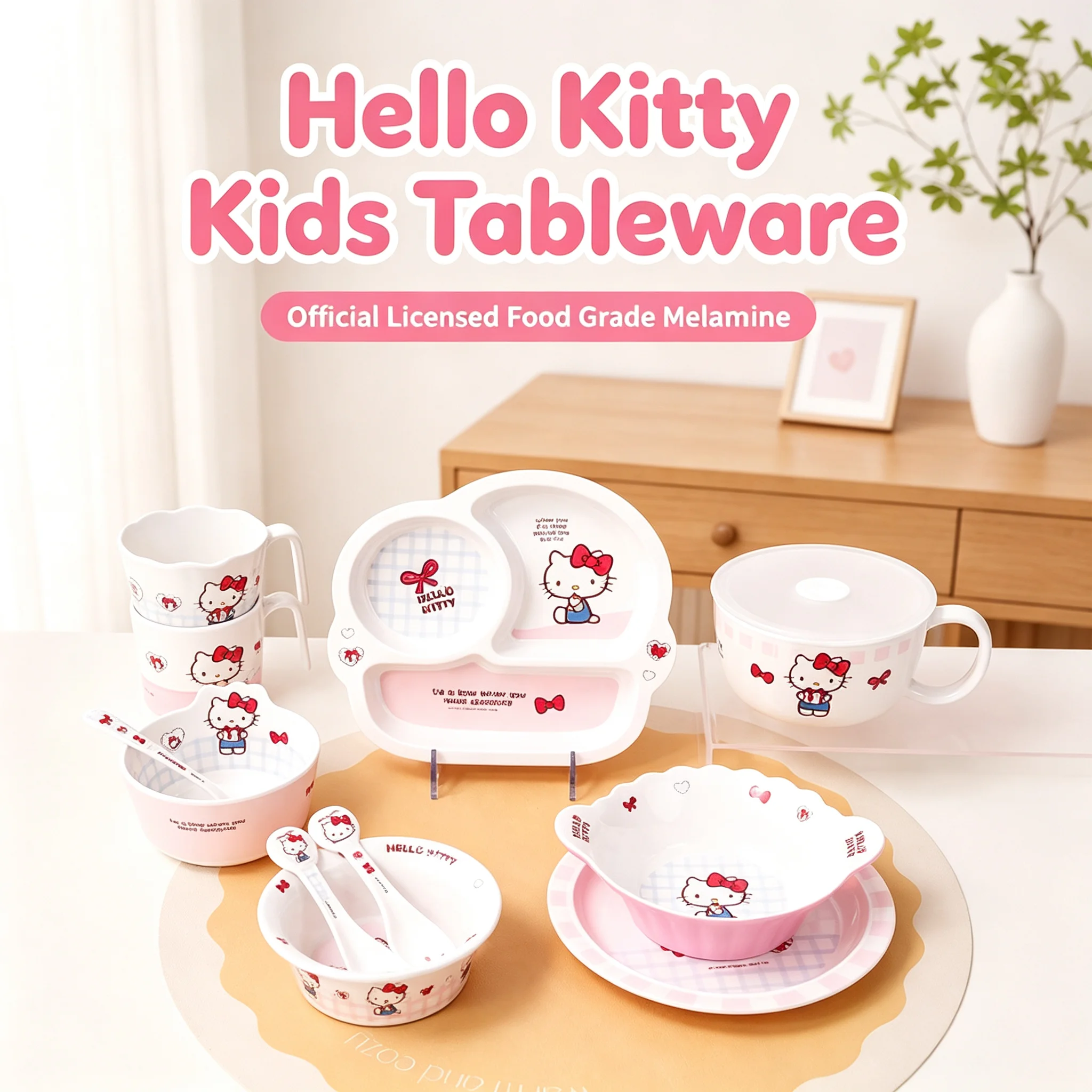 Sanrio Hello Kitty Kids Tableware Food Grade Melamine Unbreakable Baby Complementary Food Bowl Divided Plate Mug Spoon BPA Free - view 6