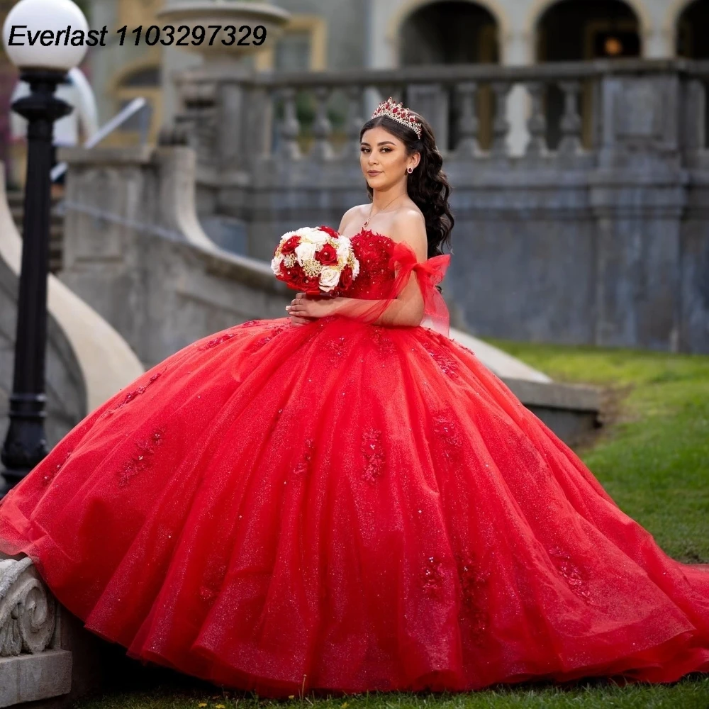 

EVLAST блестящее красное бальное платье Quinceanera, блестящее 3D цветочное кружево, аппликация, бисероплетение, мексиканское милое платье 16 15 лет QD1147