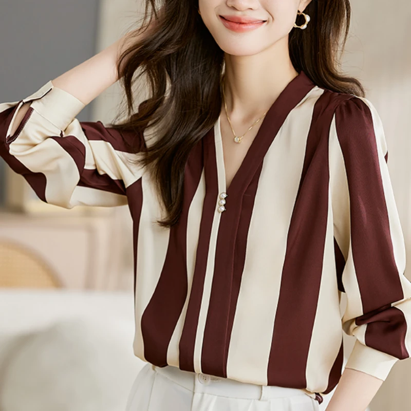 Blusas Mujer Chiffon Blouses for Women Clothing V-Neck Fashion Elegant Long Sleeve Tops Striped Beading pullover Dropshipping