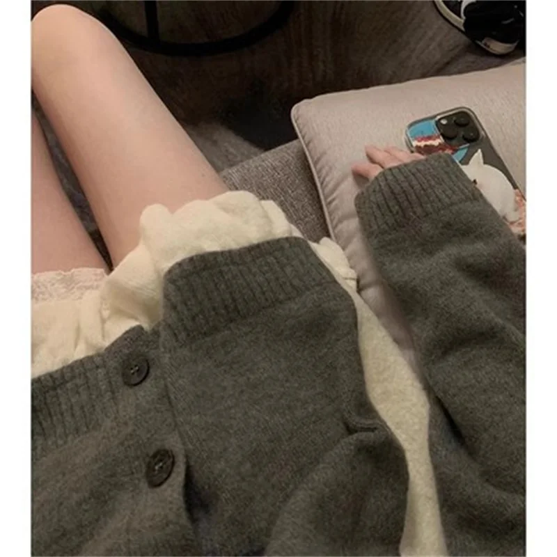 Fake Two-piece Splicing Knitted Sweater Autumn New Loose Mid Length Korean Version Versatile Fashion High-end Sweater Commuting