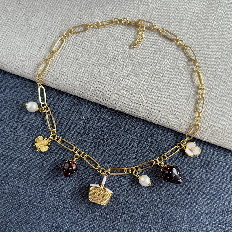 Pearl strawberry bee basket charm necklaces for women statement luxury designer necklaces cute funny jewelry