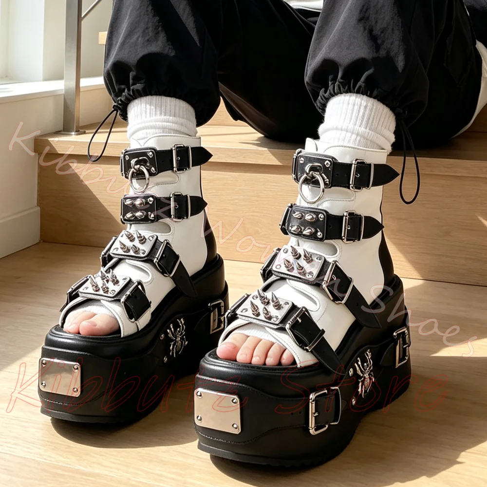 Platform Wedge Sandals Women Open Toe Studded Spider Buckle Strap Gothic Punk Leather Women Streetwear Shoes Solid Color Fashion