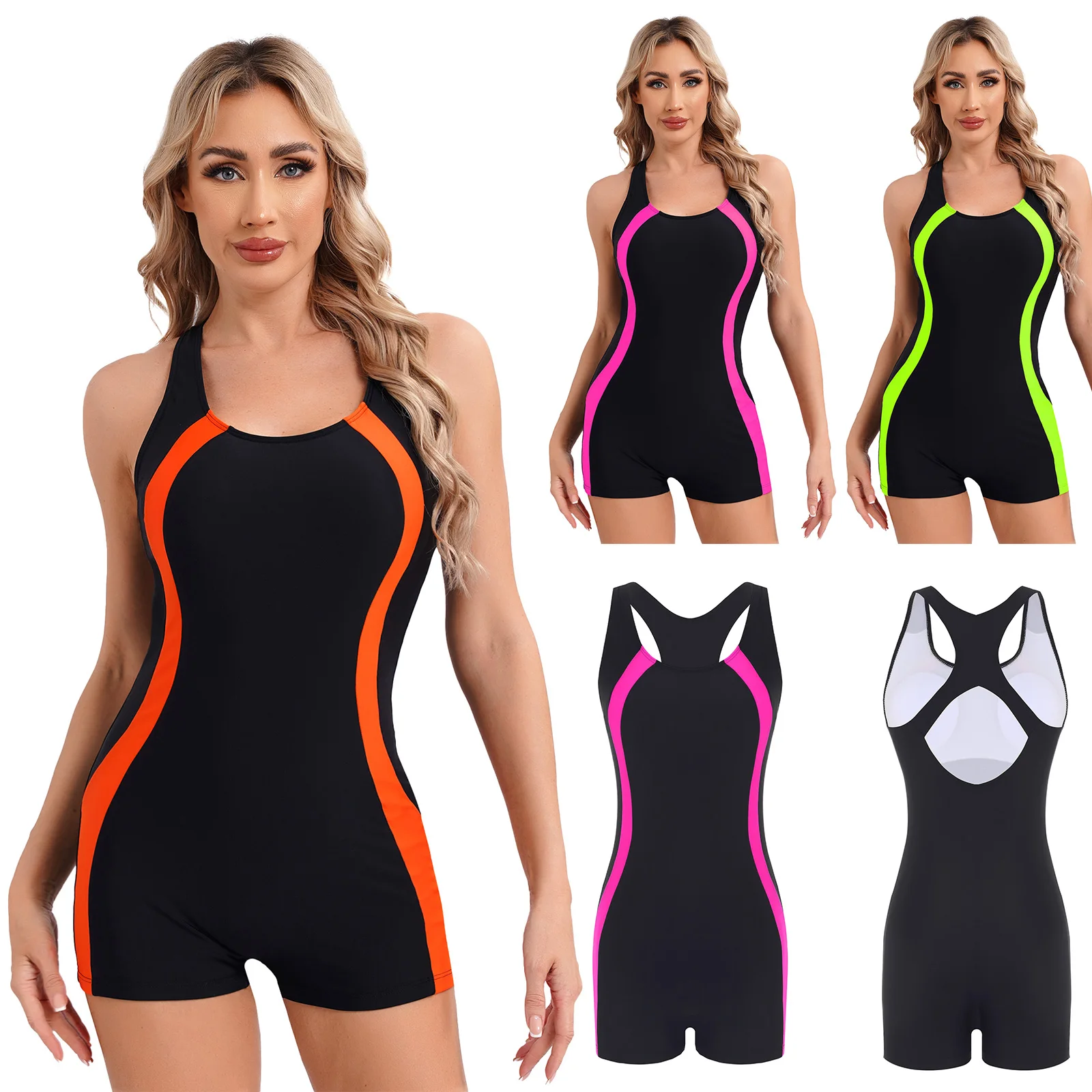 Women Sleeveless Boyleg Athletic Swimsuit One Piece Racerback Modest Swimwear Padded Water Sport Jumpsuit Beach Surfing