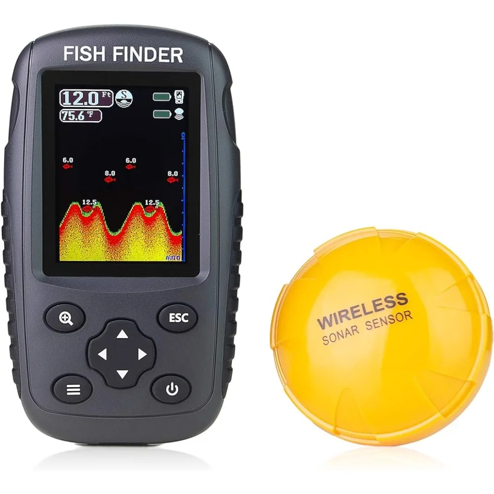 Portable Rechargeable Fish Finder Wireless Sonar Sensor Fishfinder Depth Locator with Fish Size,Water Temperature,Bottom Contour