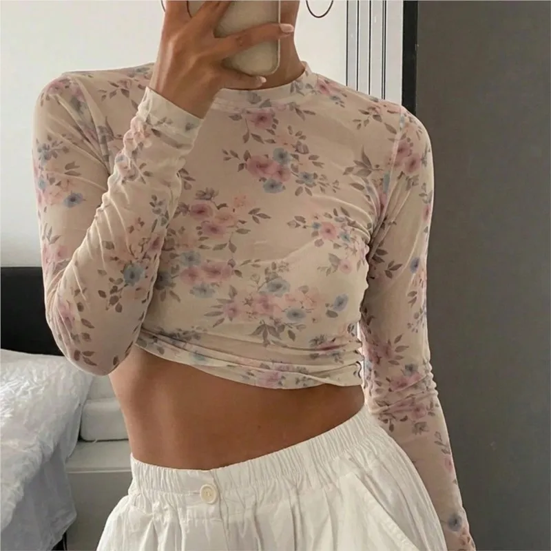 MsChuh Casual Blusas Long Sleeve Tops T Shirt Tees Simple Style All-match Fresh And Sweet Perspective Floral Print Slim Trendy