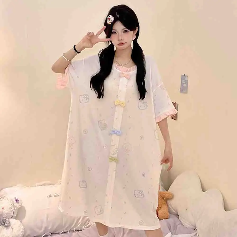 Novedades de verano, vestido de pijama bonito de Hello Kitty, conjunto de pijama de manga corta con dibujos animados de verano, ropa informal cómoda para el hogar