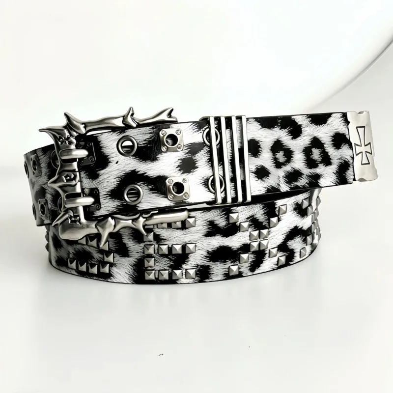 Retro Punk Leopard Print Furry Belt with Studs, Y2K Rock Style Waist Strap, Decorative Buckle Belt for Daily Street Layering Use