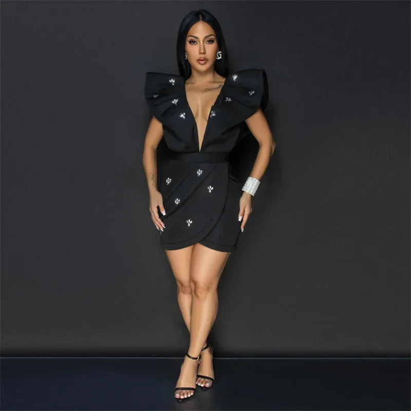 Deep V Neck Back Open Sexy Bodycon Rhinestone Women Party Dress Flying Sleeve ruched Irregular Mini Night Club Dress Black White