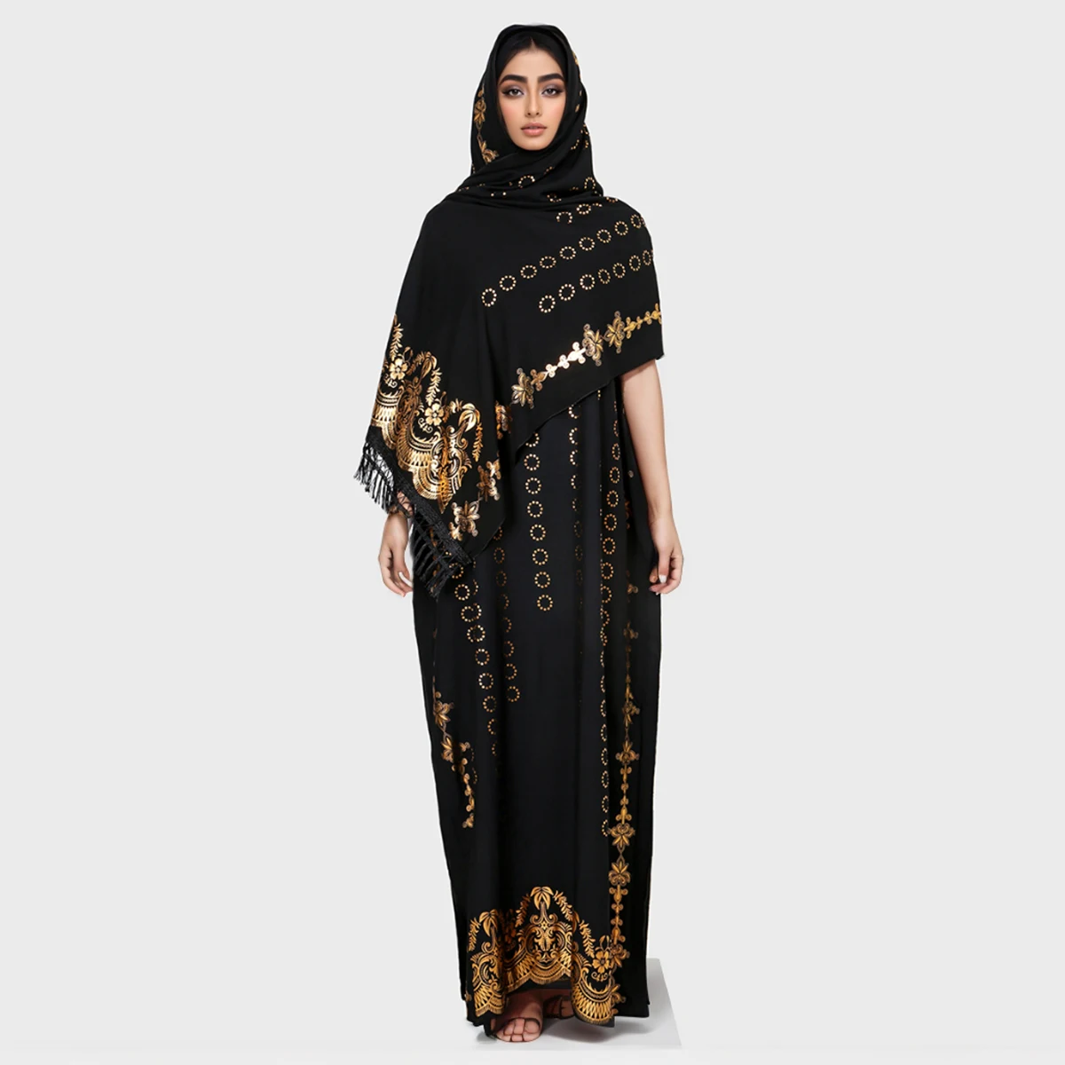 New Muslim Set Elegant Abaya Dress Printed Muslim Hijab Scarf Glitter Luxury Party Dress Ramadan Abaya Dubai Islam Kaftan