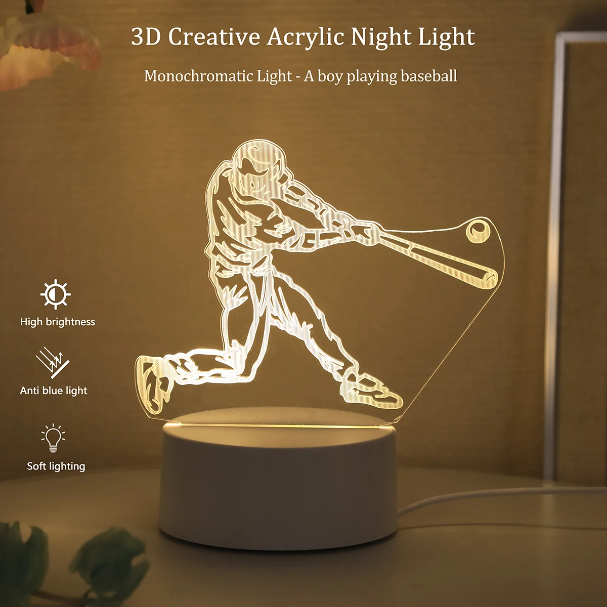 

3D бейсбольный мальчик акриловый визуальный ночной Светильник монохромная тёплая искусственная атмосфера ночник подходит для спальни и учебы