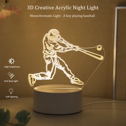 3D Baseball Boy Acrylic Visual Night Light Monochrome Warm Light Atmosphere Night Light Suitable for Bedroom and Study
