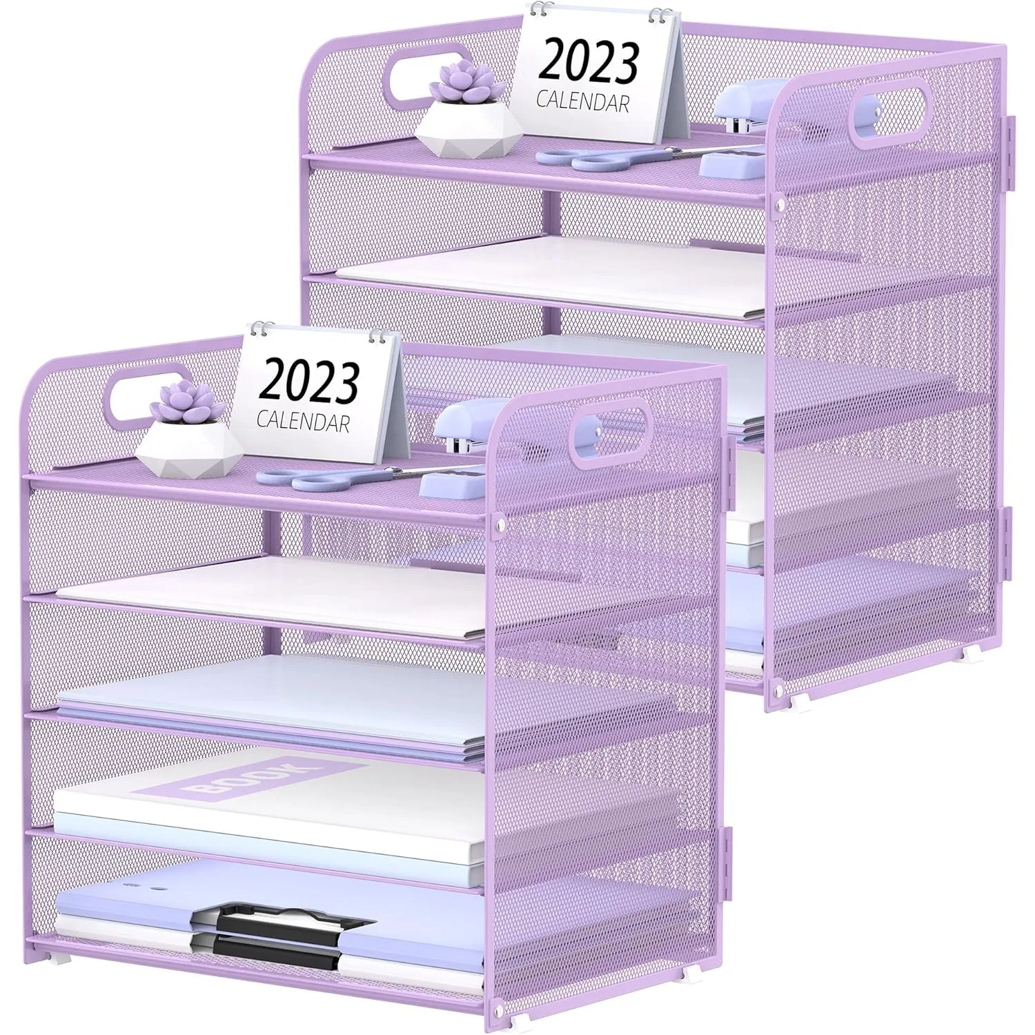 2-piece set of 5-layer purple desktop storage with handle mesh desktop file/paper storage, suitable  offices and easy to install