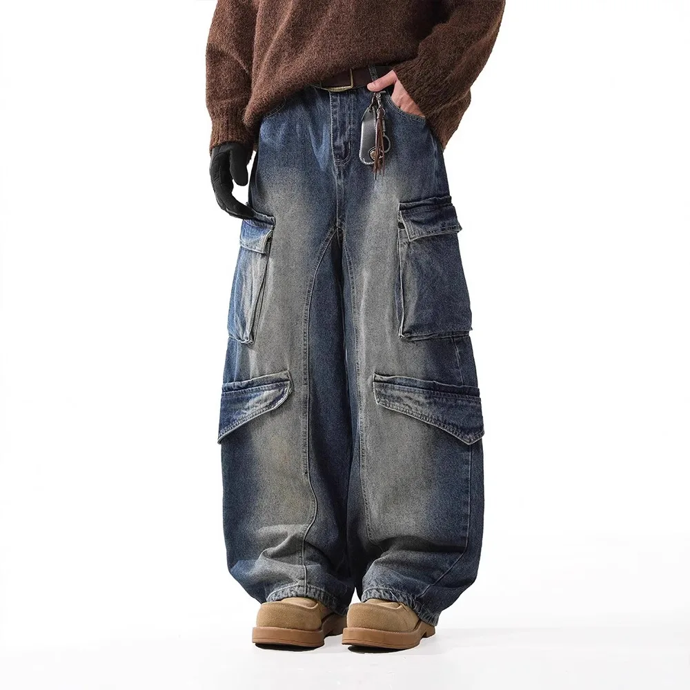 Men's Baggy Hip Hop Cargo Jeans Pants With Multi Pockets High Street Loose Fit Y2K Style Denim Trousers Washed Blue Bottoms