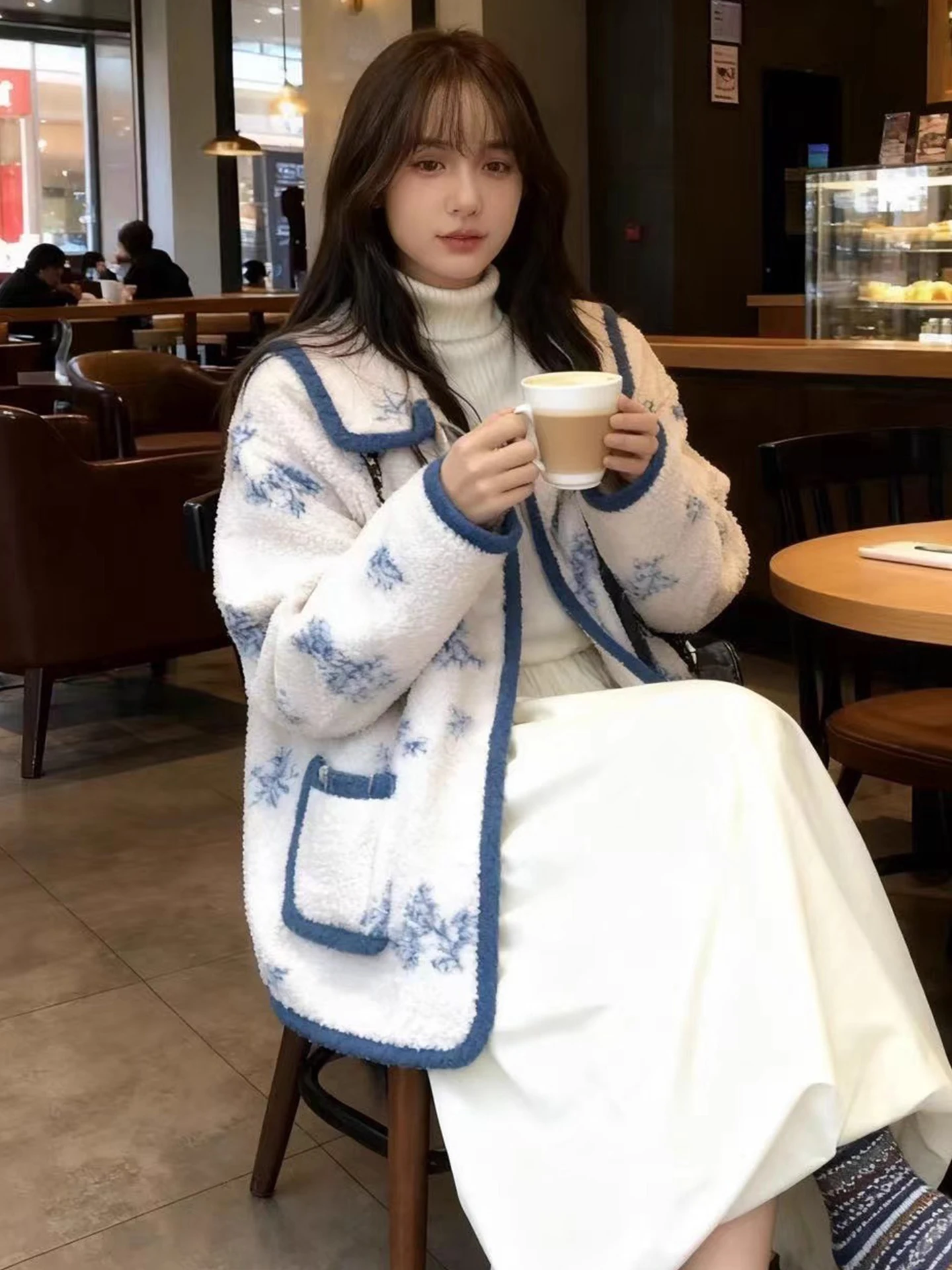 السيدات الأزهار طباعة فرو الضأن Jaet Double ket فضفاضة تناسب الدافئة أعلى تخفيف Sle شتاء جديد وصول Gentle Ele Contras...