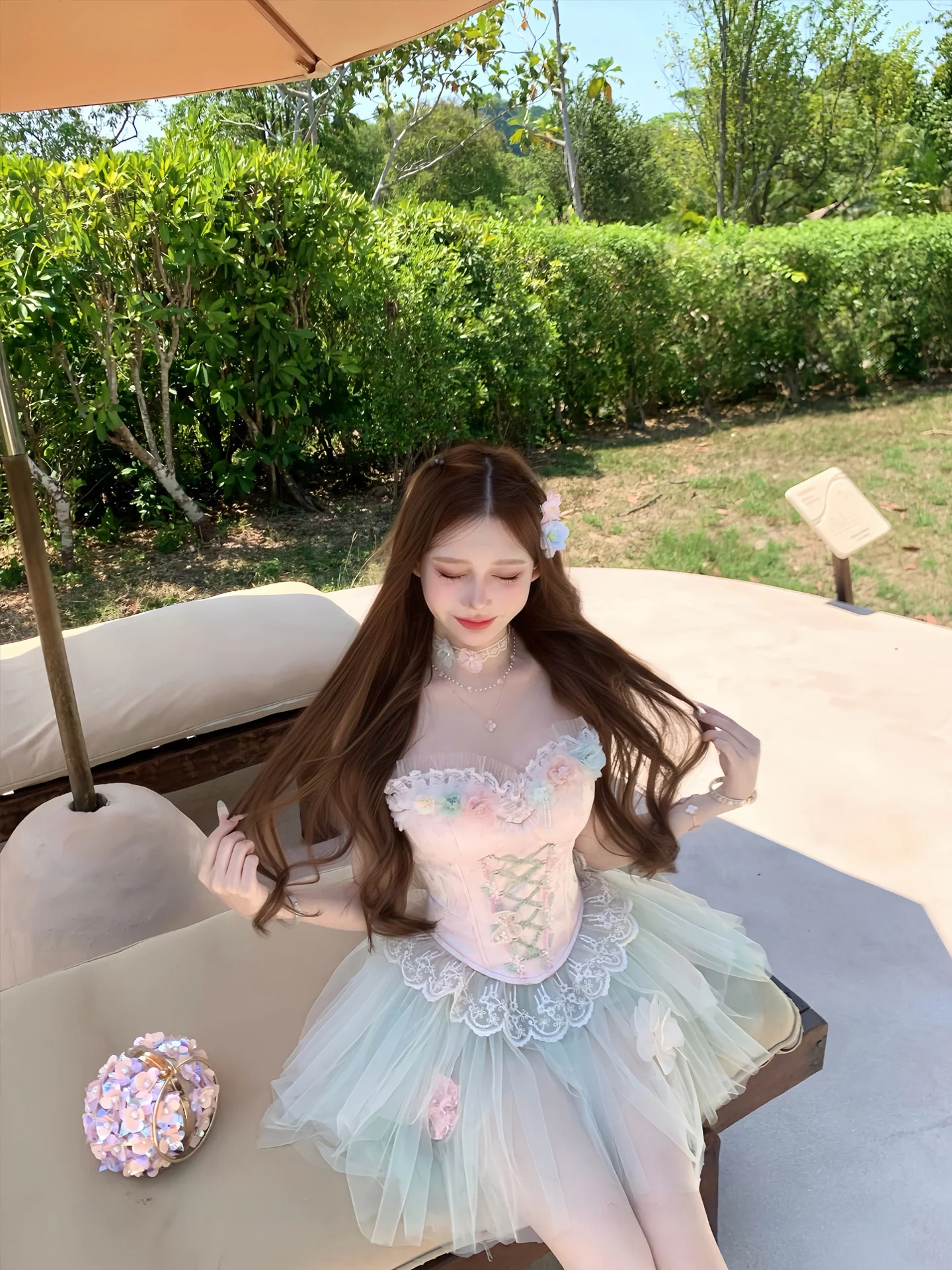 

Burjuman Romantic Ballet Girl Fishbone Waist Inlet Top Mesh Princess Puffy Skirt Two-Piece Set Short Sleeve round Neck Spring...