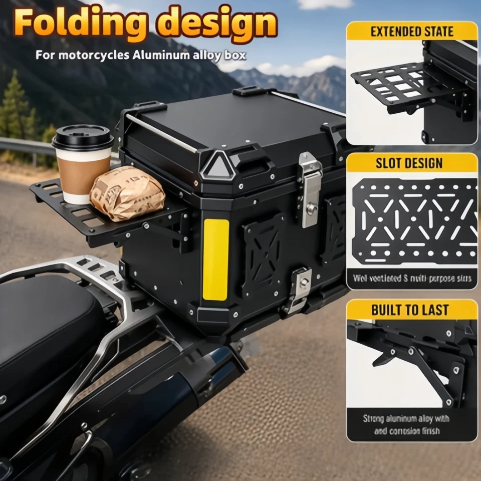 Universal Folding Aluminum Molle Panel, Quick Mount Side Extension Bracket for Motorcycle Tail Box Top Case, Camping Picnic Tray