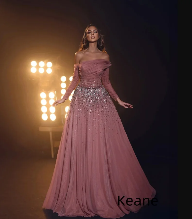 

Dark Pink Off the Shoulder Beads Evening Dress vestido de festa Islamic Dubai Kaftan Saudi Arabic Evening Prom Dress