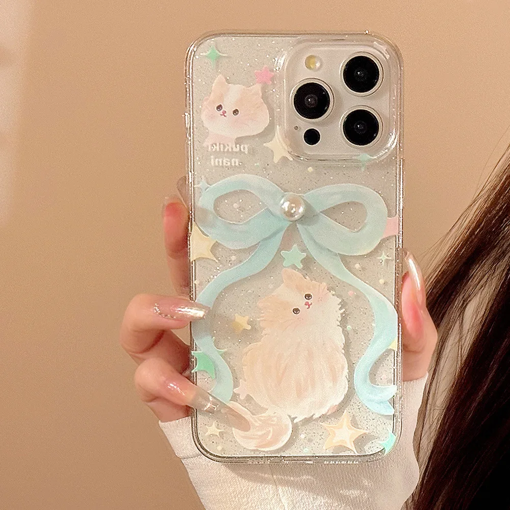 かわいい猫のデザインの光沢のある星が付いたブルーパールブレスレット,iPhone 13pro,15 pro,11 pro,12,13pro max,14pro max,14pro max用のエレガントなシェル