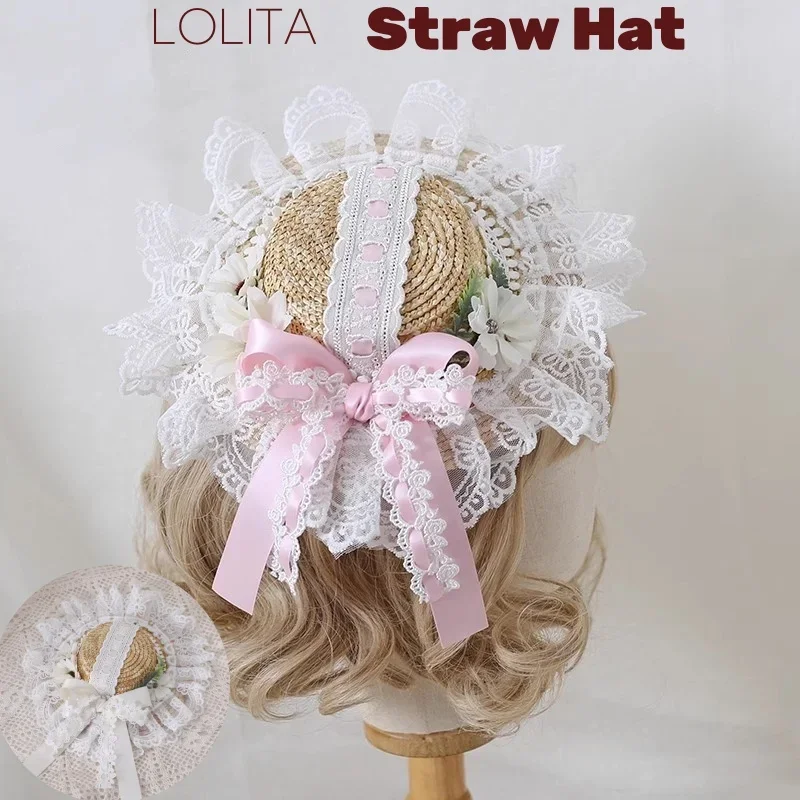 IMU Original Handmade Classic Elegant Small Hat Lolita Lace Straw Hat Women Flat Hat Forest Sweet Floral Headpiece