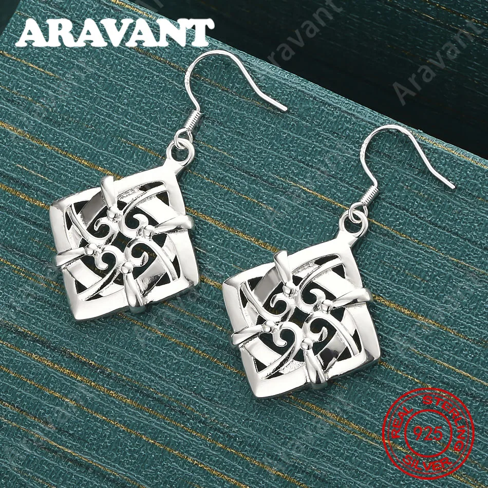 925 Sterling Silver Patterned Square Openwork Pendant Earrings For Women, Commuter Accessories, Christmas Gifts, Jewelry