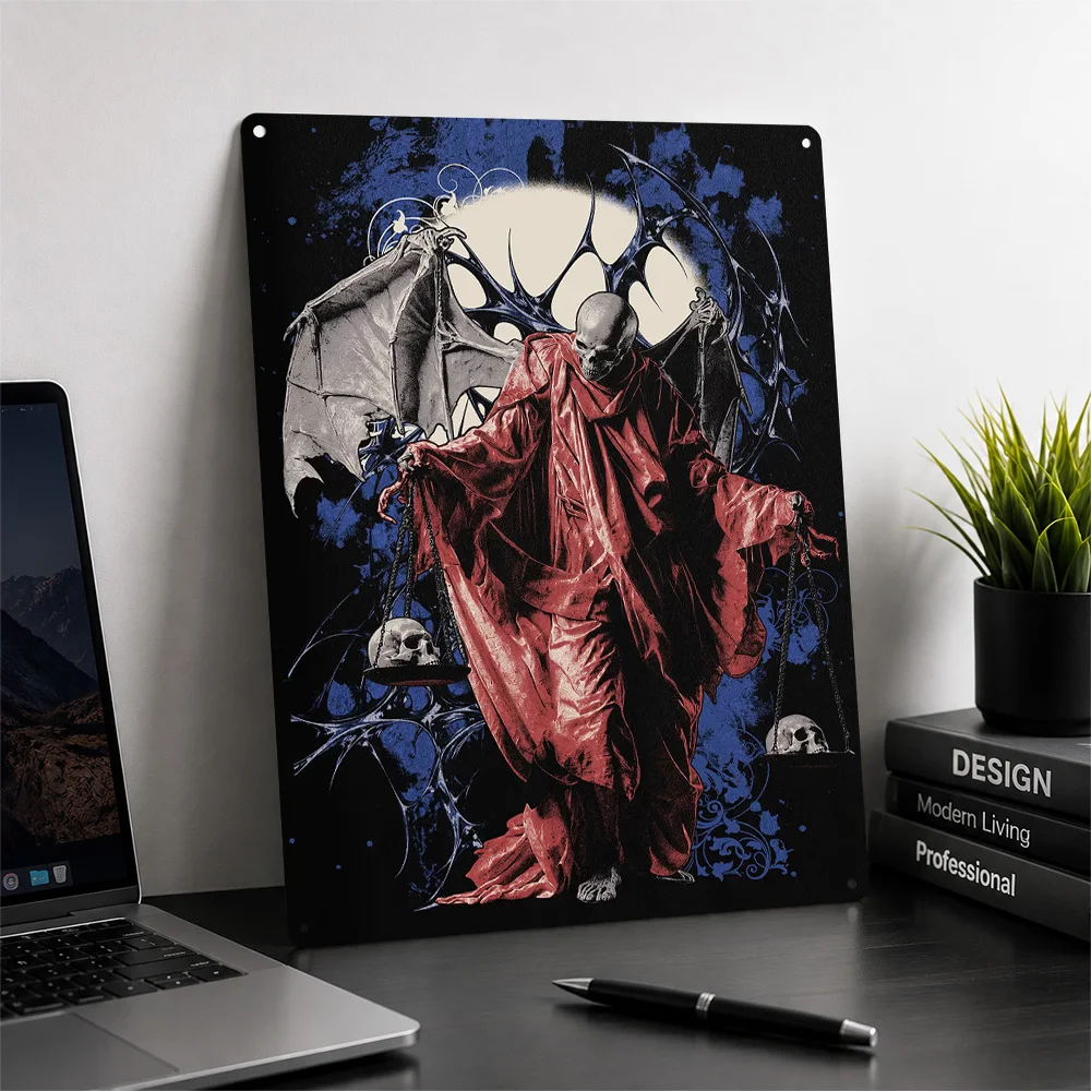 Grim Reaper With Scales and Skulls Personalized 3D Textured Metal Poster Wall Art Tinplate Sign for Bathroom Decor Room Home Tin
