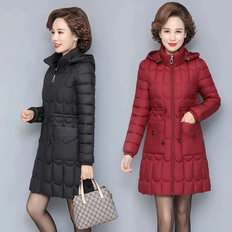 Down Padded Coat Mid-Length Cotton Coat 2023 Winter New Waist Thin Momwear Removable Cap Waist Thin Fashion Women Padded Jacket