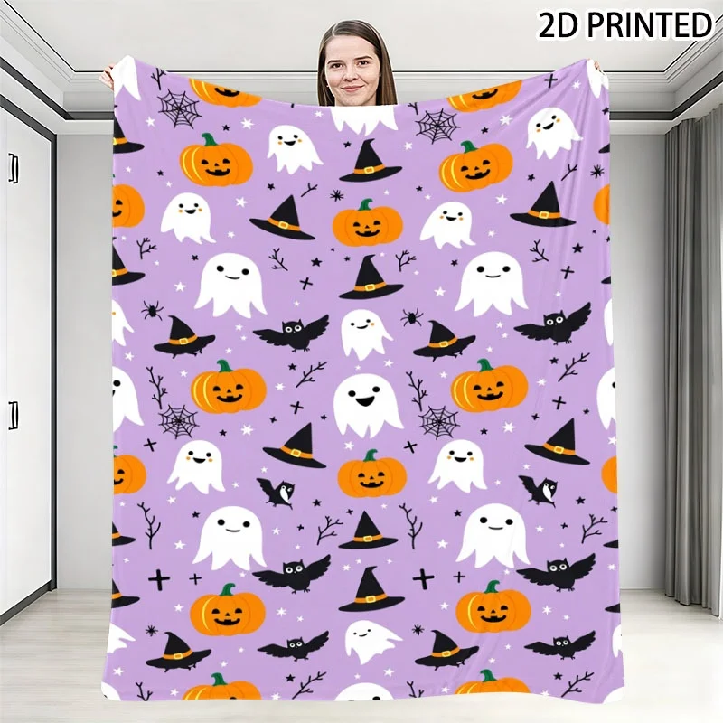 Playful Halloween Print Throw Blanket with Cute, Pumpkin & Witch Hat Patterns, Multiple Specifications Available, Cozy Soft Deco
