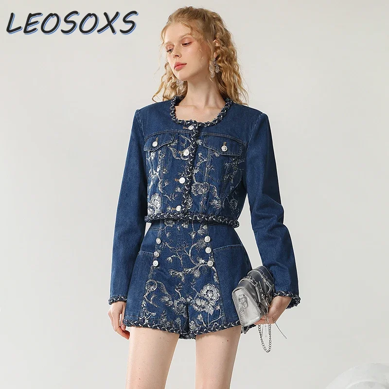 Luxury Temperament Denim Jacket Shorts Skirt Set Autumn Winter New Casual Exquisite Design Jean Jacket A-line Shorts 2-piece Set