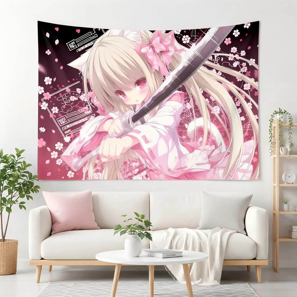 Pink Sakura Neko Anime Girl Tapestry Katana Samurai Manga Wall Hanging Kawaii Japanese Aesthetic Bedroom Dorm Background Decor
