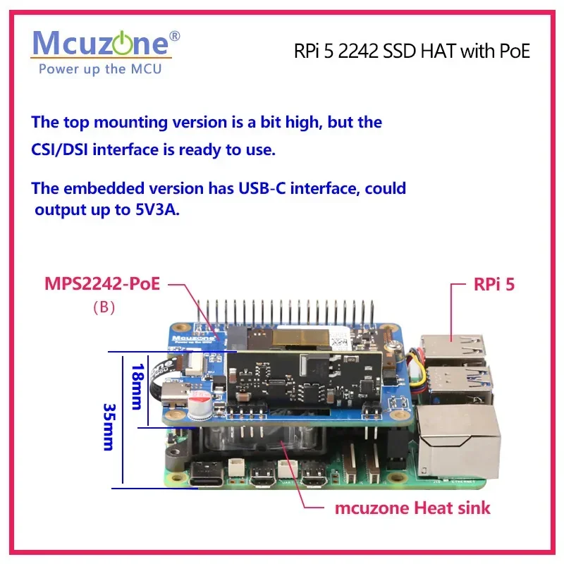 MPS2242-POE Hoed, Poe Ethernet Aangedreven Voor Framboos Pi5, Pcie Naar Nvme Ssd, Ondersteuning 2242,2230, Poe Output Tot 5v4.5a