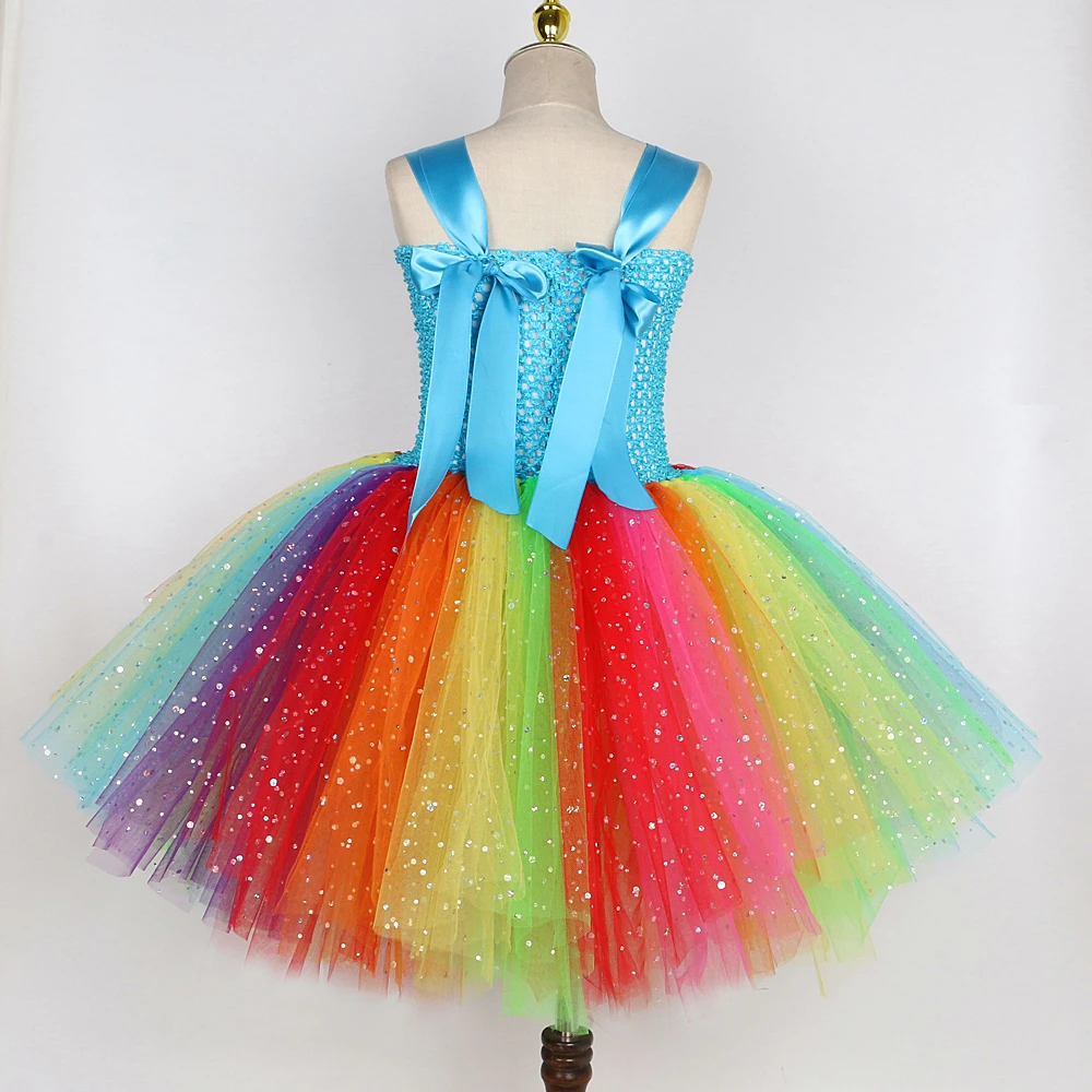 Sparkly Rainbow Fairy Costumes for Girls Glittery Colorful Candy Dress for Kids Halloween Christmas Tutus Birthday Wings Outfits