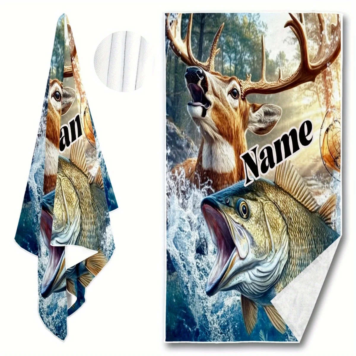 Custom Deer and Bass Fish Beach Towel Personalized Name Print Soft Quick-Dry Large Bath Towel for Hunting Fishing Lovers