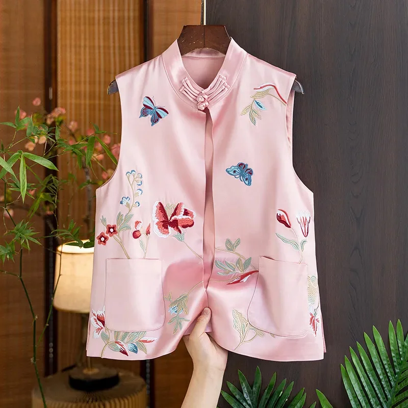 Black Vintage Vest for Women Stand Neck Sleeveless Floral Tanks Chinese Style Tunic Casual Waistcoat Tops Chalecos Para Mujer
