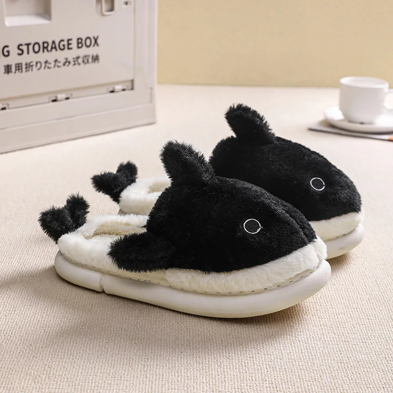 Shark Pattern Embroidery Stuffed Home Devil Slide Plaid Furry Cotton Slippers Warm Non-slip Indoor Slipper Pumpkin  Mom Gift