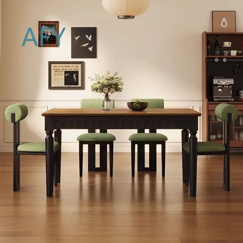 French Vintage Style Rectangular Dining Table and Chairs Set for Small Spaces Rustic Solid Ash Wood Dining Table for Home Use