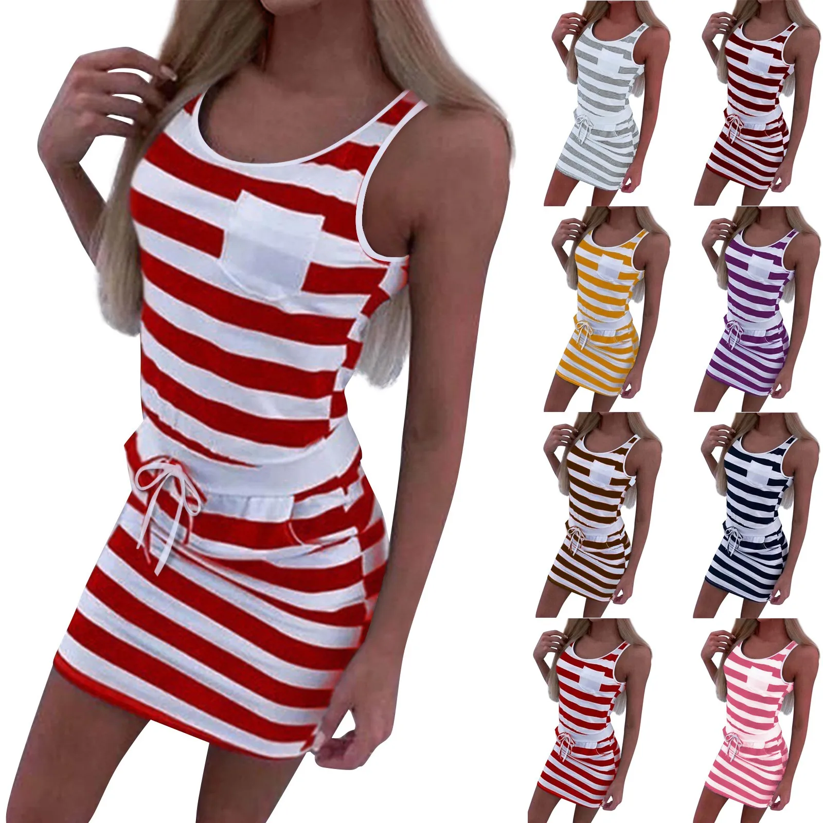 Summer Stripe Print Hip Dresses Fashion Trend Classic Simple Round Neck Tank Dress With Pockets Casual All-Match Lace-Up Dress