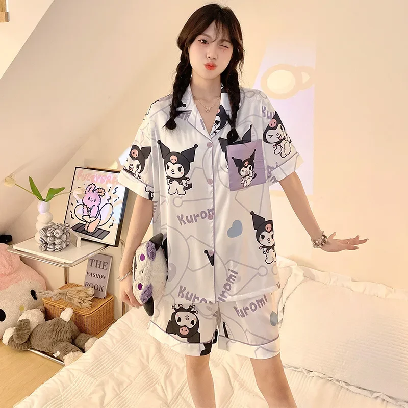 Sanrio New Clow M Pajamas Ice Silk Satin Casual and Lightweight Breathable with Chest Pad Please Cool Homewear Suits Pajamas