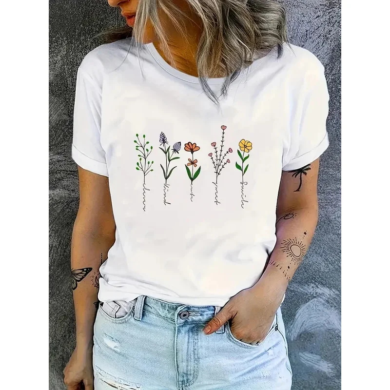 2024 Small Flower Daisy Pattern Small Grass Print Summer T-shirt Casual Women's Simple and Fresh Short Sleeves