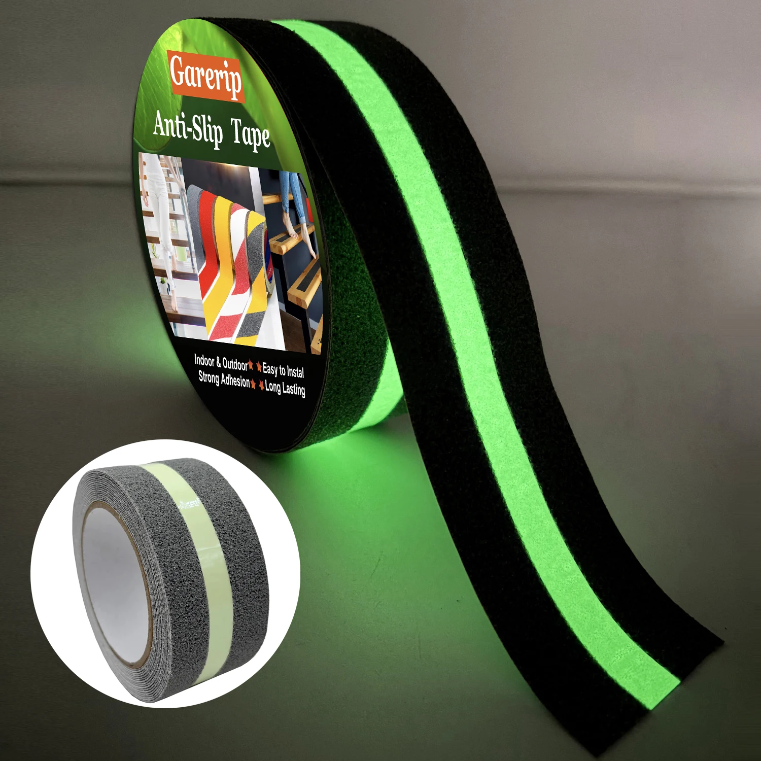 Indoor and Outdoor Stair Safety Anti-Slip Tape, Gray, Glows in the Dark, 5cm X 5m, Self-Adhesive, Easy to Install, Wear-Resistant, Fluorescent Green Strip, Strong Grip, Suitable for Indoor/Outdoor Stairs, Steps, Boats, Swimming Pools, Bathrooms, Stair Treads, Ladders, and Safety Anti-Slip Tape for Footboards
