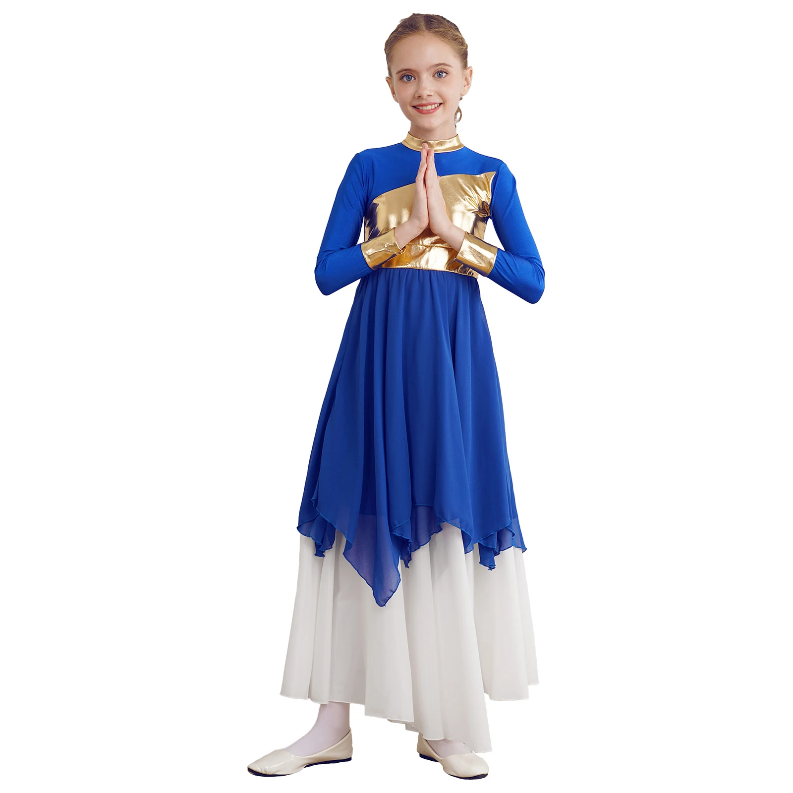 Kids Girls Lyrical Gowns Long Sleeve Spiritual Dance Dress Dancewear Metallic Patchwork Liturgical Praise Church Worship Costume