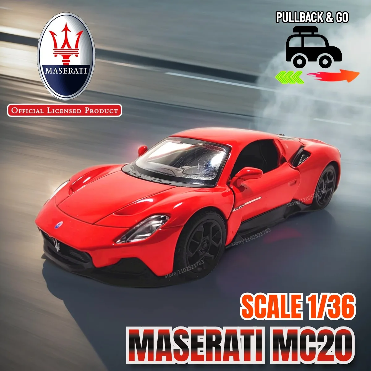 

Maserati MC20 1:36 Scale Pullback Toy Car Model Official Licensed Alloy Diecast Vehicle Replica Xmas Gift Kid Boy Toy