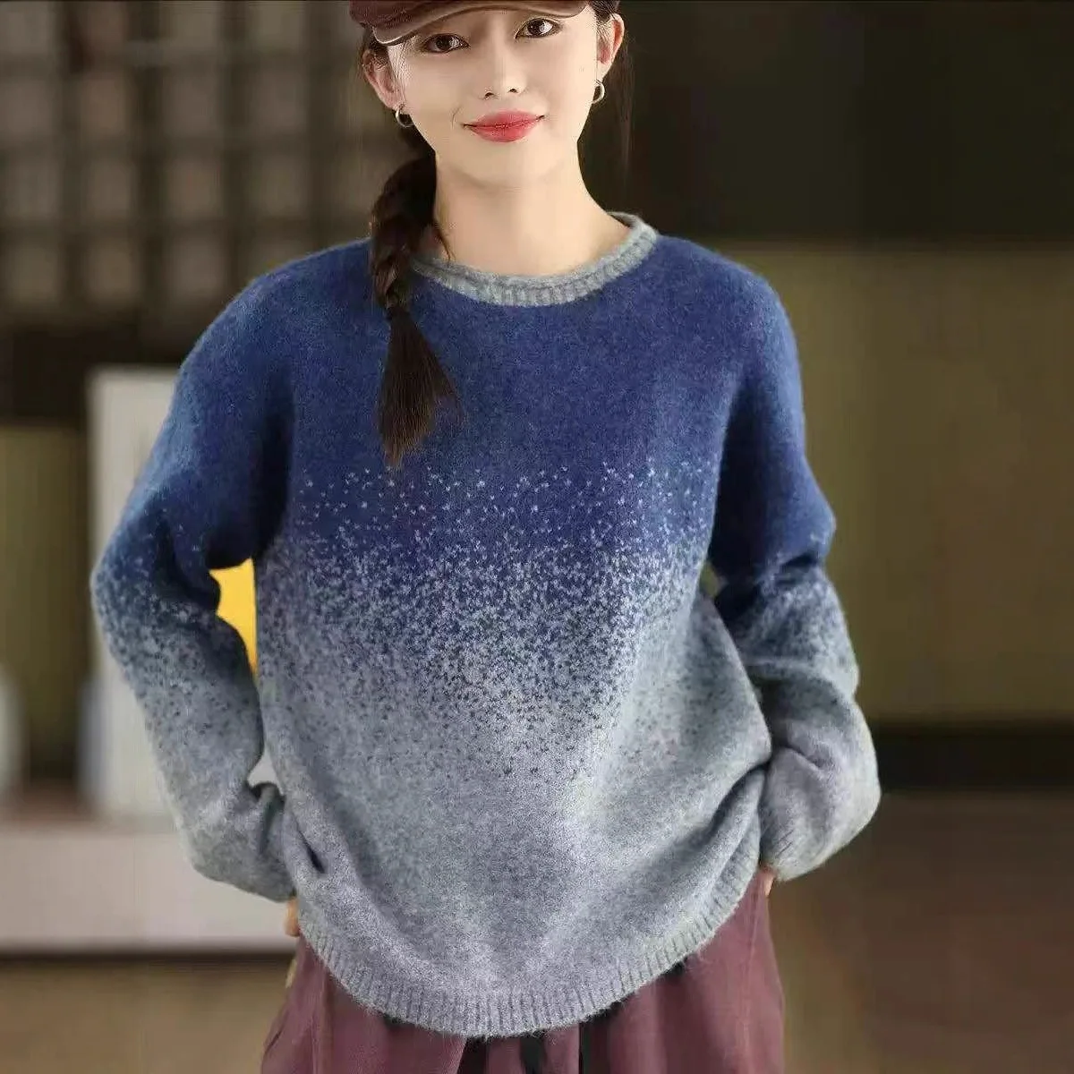 Otoño Invierno moda mujer suéter de punto degradado literario manga larga cálido acogedor y elegante prendas de punto Vintage Mujer