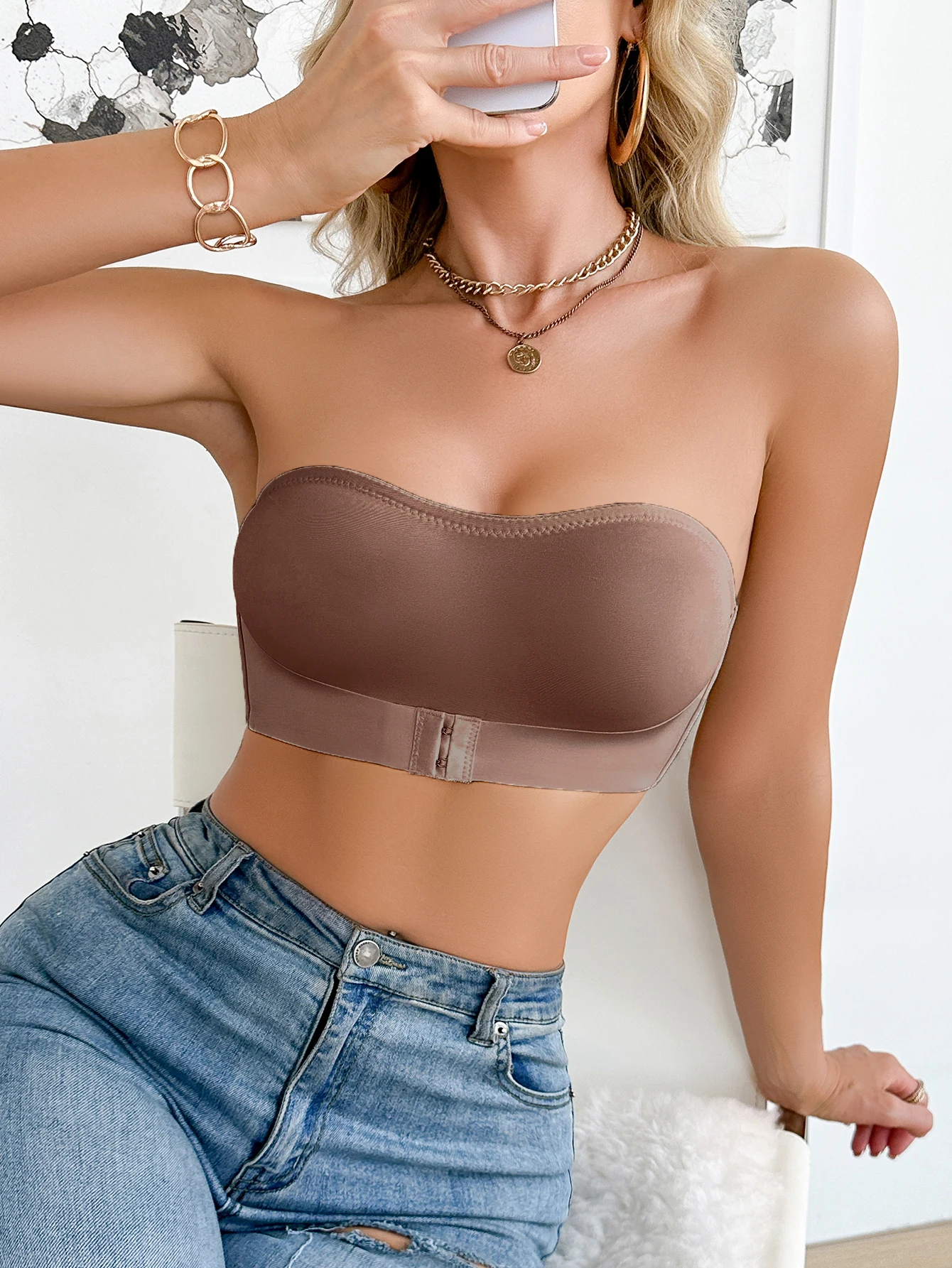 Sommerlicher, einfarbiger, trägerloser, kabelloser Damen-BH, Bralette mit Vorderverschluss, Push-up-BH, bequemer, ungepolsterter BH – Detail 24