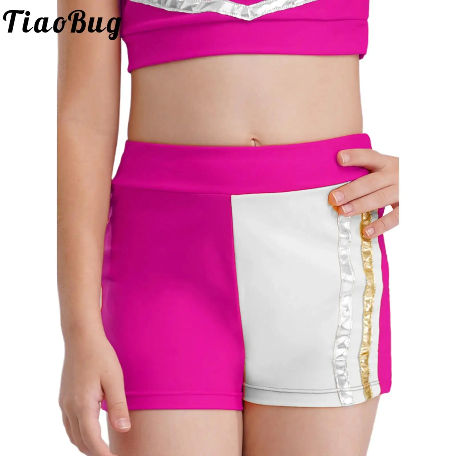 

Kids Girls Gymnastics Ballet Dance Shorts Elastic Waistband Metallic Striped Short Pants for Figure Skating Cheerleading Workout
