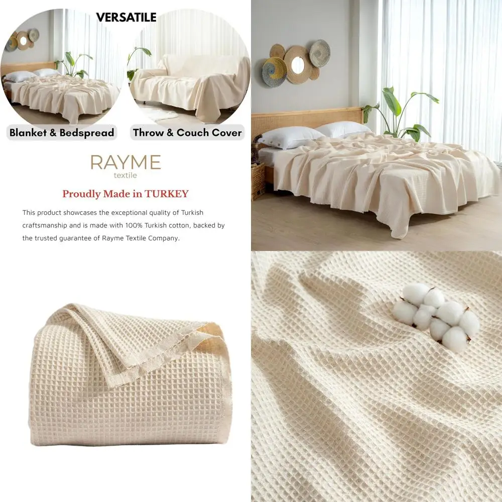 

King Size Turkish Cotton Waffle Blanket - Natural, Lightweight Summer Throw, 90x110