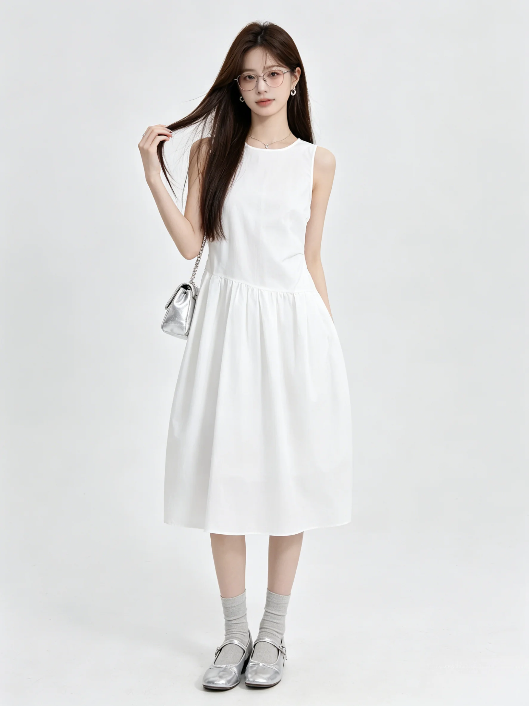 Korean Style Simple Sleeveless Waist-Cinched Vest Dress Women Summer Gentle Holiday Long Dress A-Line Skirt Back Zipper